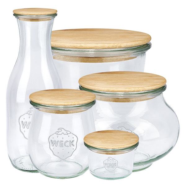 Coperchio in legno versione "A" per WECK RR100 Barattoli WECK di varie dimensioni con coperchi in legno abbinati Versione A RR100 Set di barattoli per la conservazione della cucina