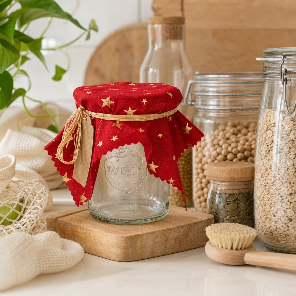 Festivo centrino decorativo rosso con stelle 15cm su tavola di legno, circondato da barattoli di vetro e decorazioni da cucina sostenibili