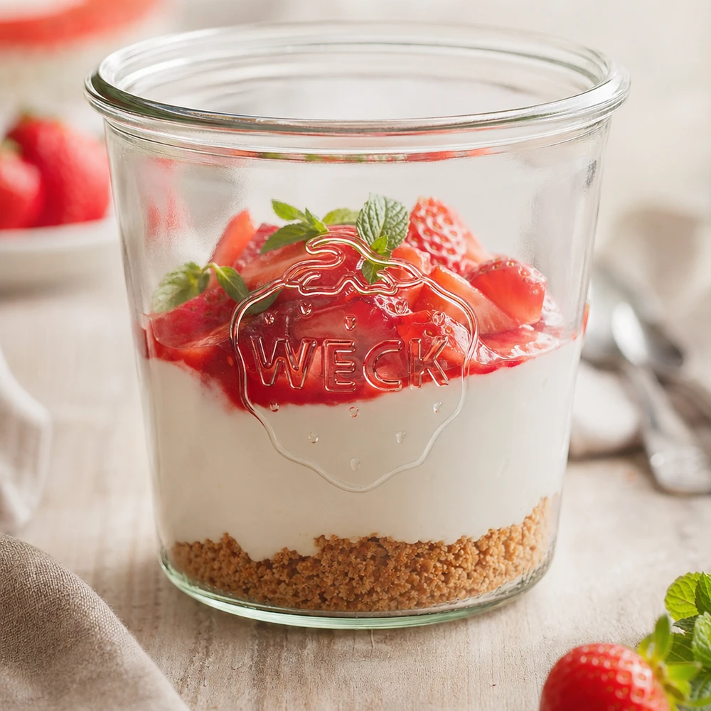 Bicchieri WECK 580ml RR100 riempiti di fragole e yogurt come dessert in barattolo su un tavolo di legno