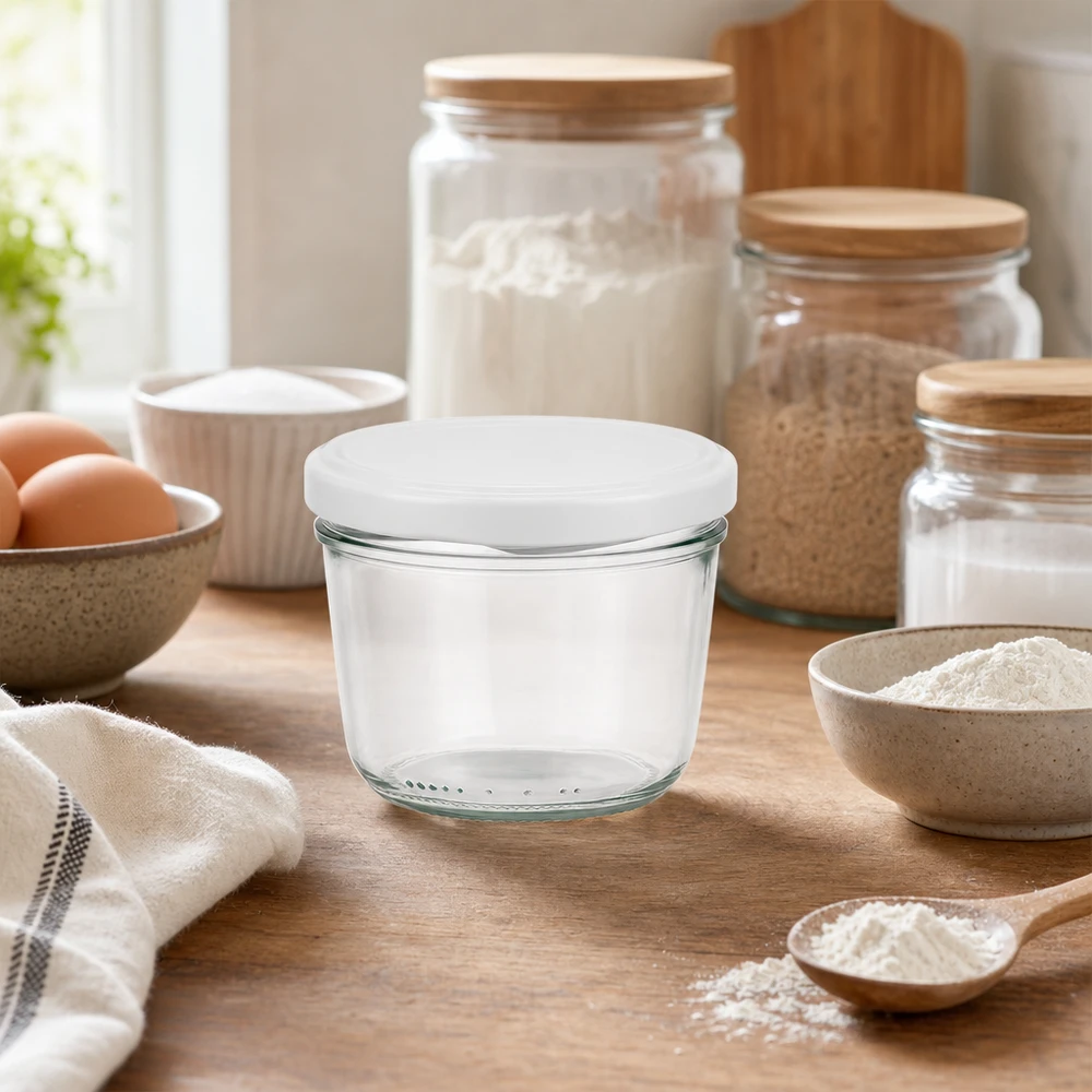 Bicchieri da 230 ml con coperchio BasicSeal bianco UNiTWIST Bicchieri vuoti da 230 ml con coperchio BasicSeal bianco nelle cucine moderne tra gli ingredienti da forno e i barattoli di stoccaggio