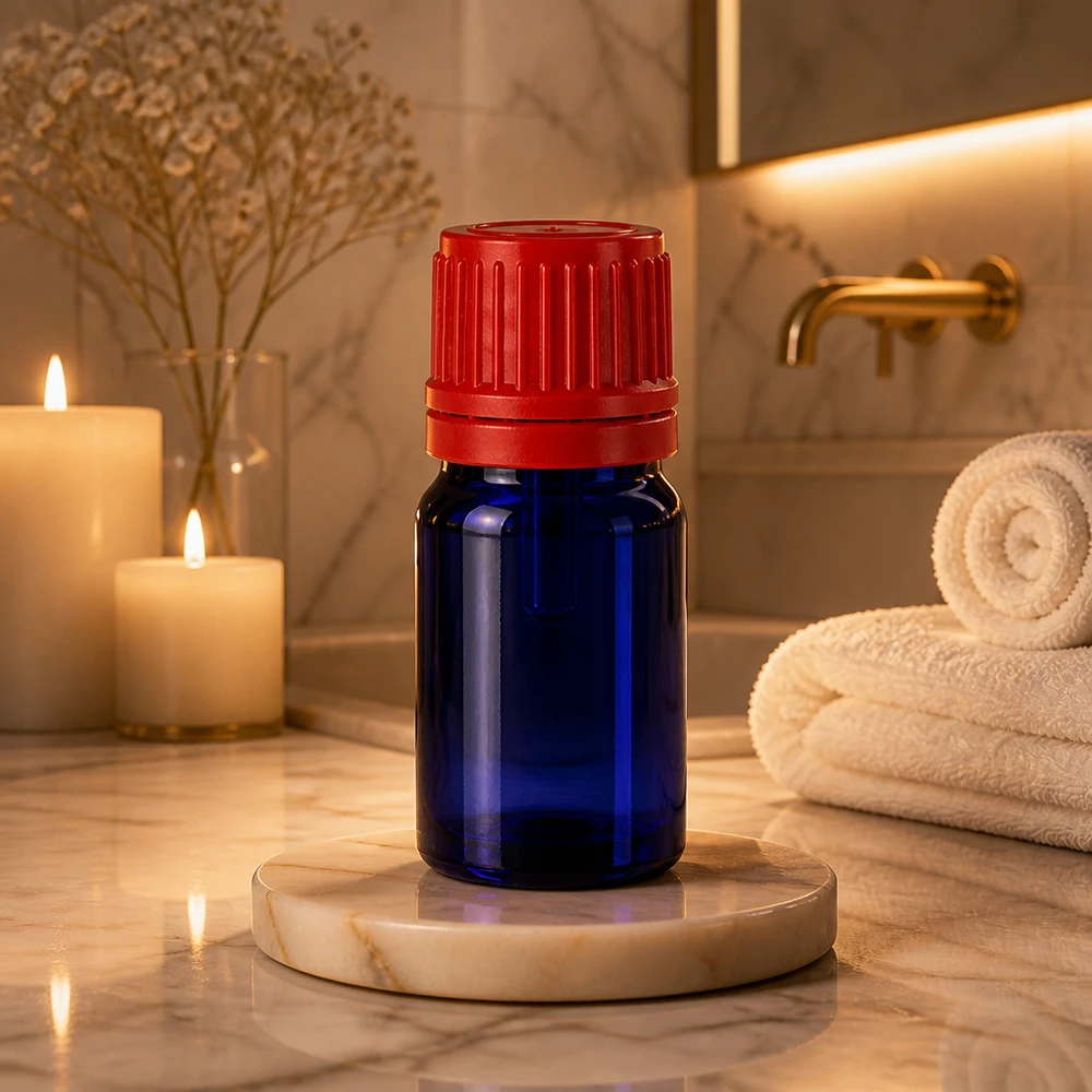 Bottiglia da 5ml 11mm SV rosso OV BlueLine UT18/5 Elegante flacone da 5 ml in blu cobalto con tappo a vite ergonomico rosso BlueLine UT18/5