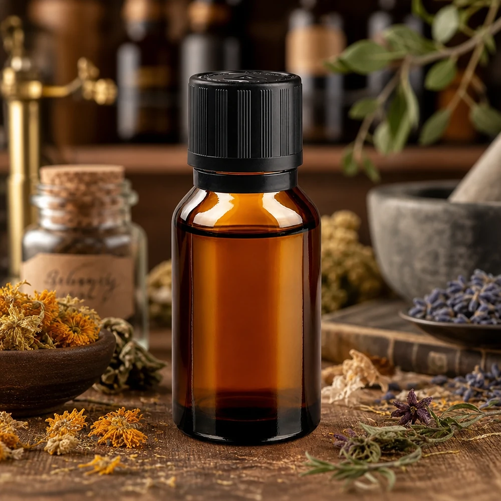Flacone da farmacia da 15 ml color ambra con tappo a vite, circondato da erbe e fiori essiccati
