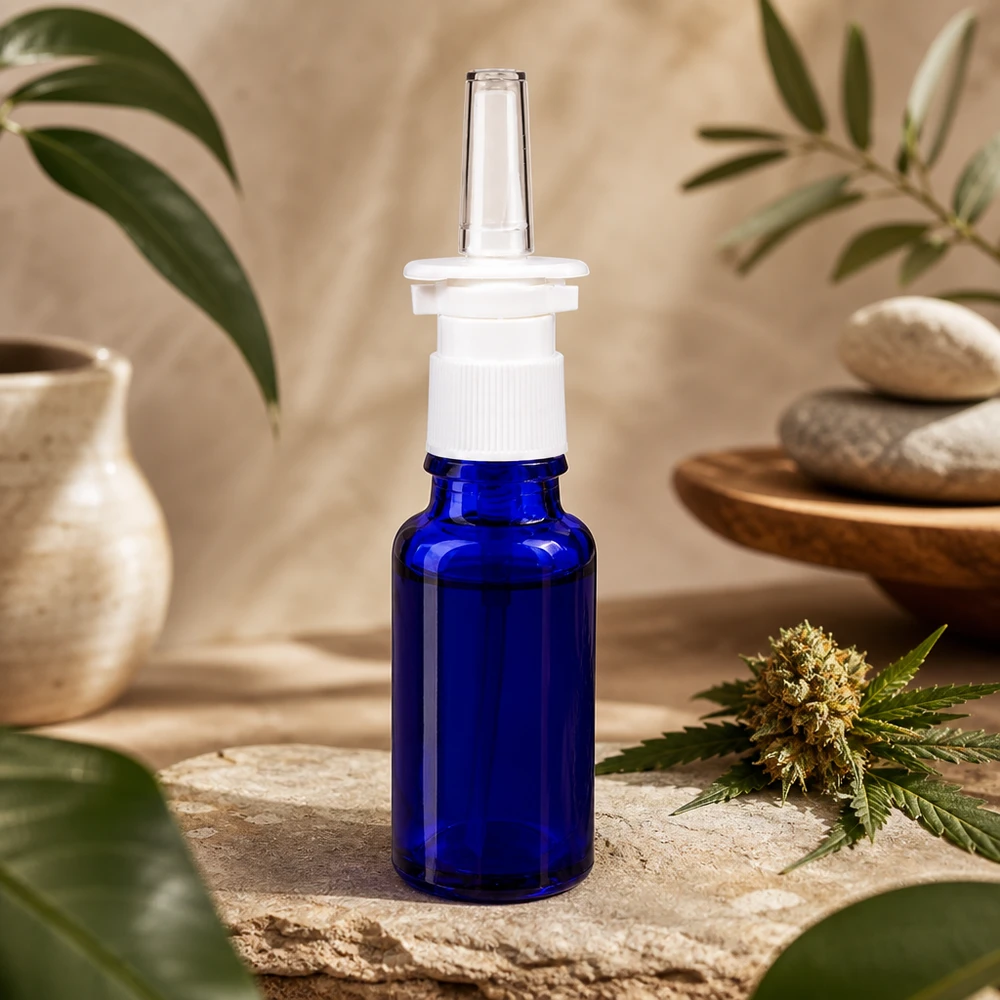 Flacone per spray nasale da 20 ml in vetro con protezione UV, colore blu cobalto, con nebulizzatore bianco su base in pietra naturale