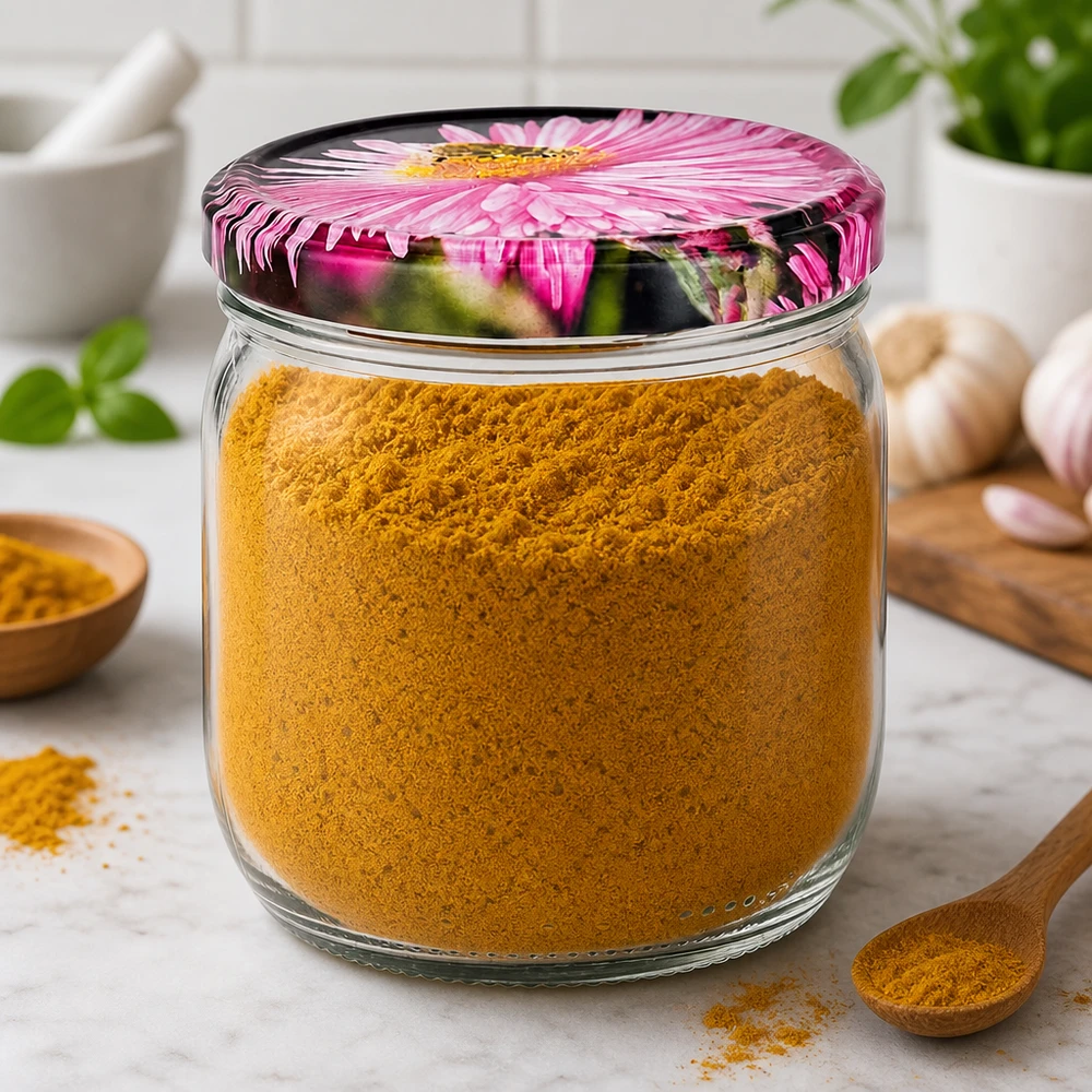Barattolo rotondo da 425 ml con coperchio a fiore riempito di polvere di spezie gialla, scena di cucina con cucchiaio di legno ed erbe aromatiche