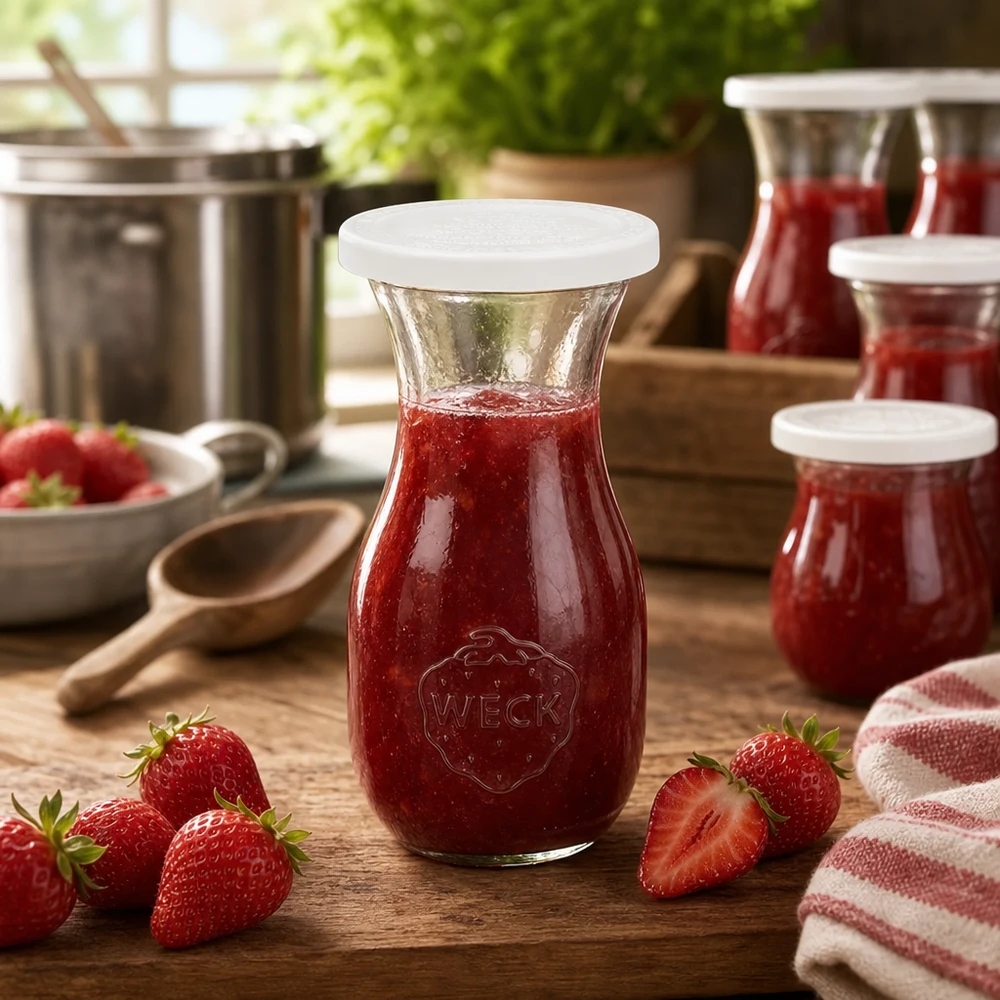 Bottiglia di succo WECK da 290 ml riempita di marmellata di fragole rosse circondata da fragole fresche su un tavolo di legno