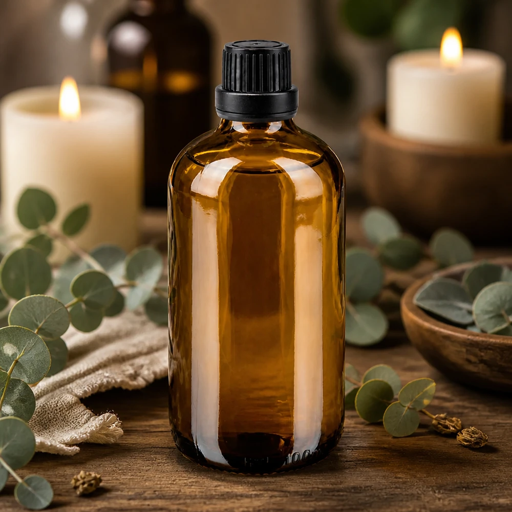 Bottiglia da farmacia marrone da 100 ml. SV OV nero/11mm ApoGlas Bottiglia di vetro marrone da 100 ml con tappo a vite nero a prova di bambino per oli essenziali