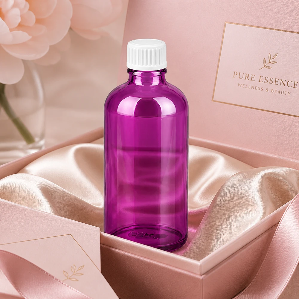Flacone da 100 ml (globuli) con anello versatore da 3 mm bianco Standard PurpleLine. UT18/100 Flacone di vetro premium da 100 ml in viola con tappo bianco per esclusive formulazioni di bellezza