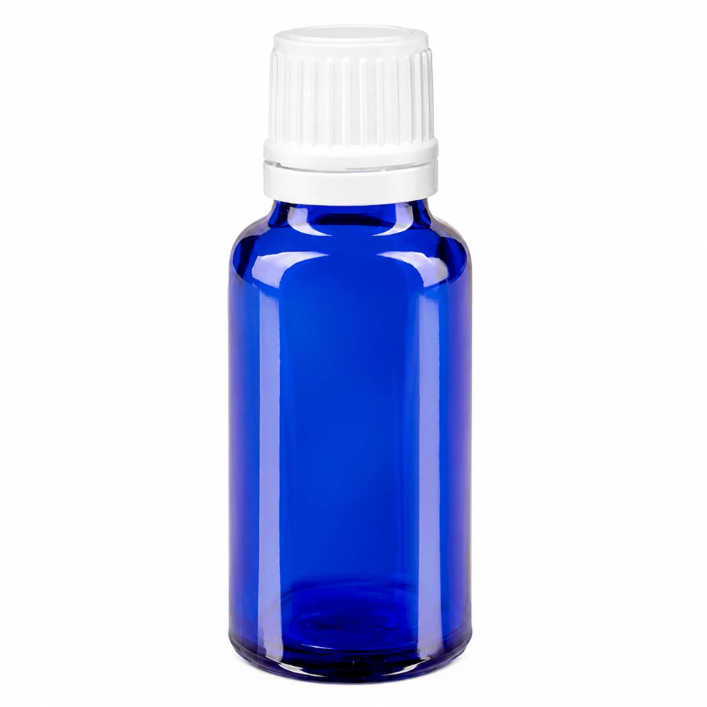 Flacone da farmacia in vetro blu da 20 ml con tappo di sicurezza bianco e dosatore a goccia da 0,7 mm