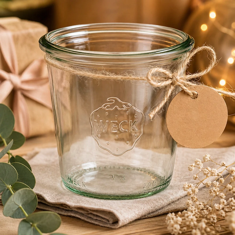 Bicchieri WECK da 290 ml RR80 con coperchio e etichetta regalo decorati su un tavolo di legno rustico