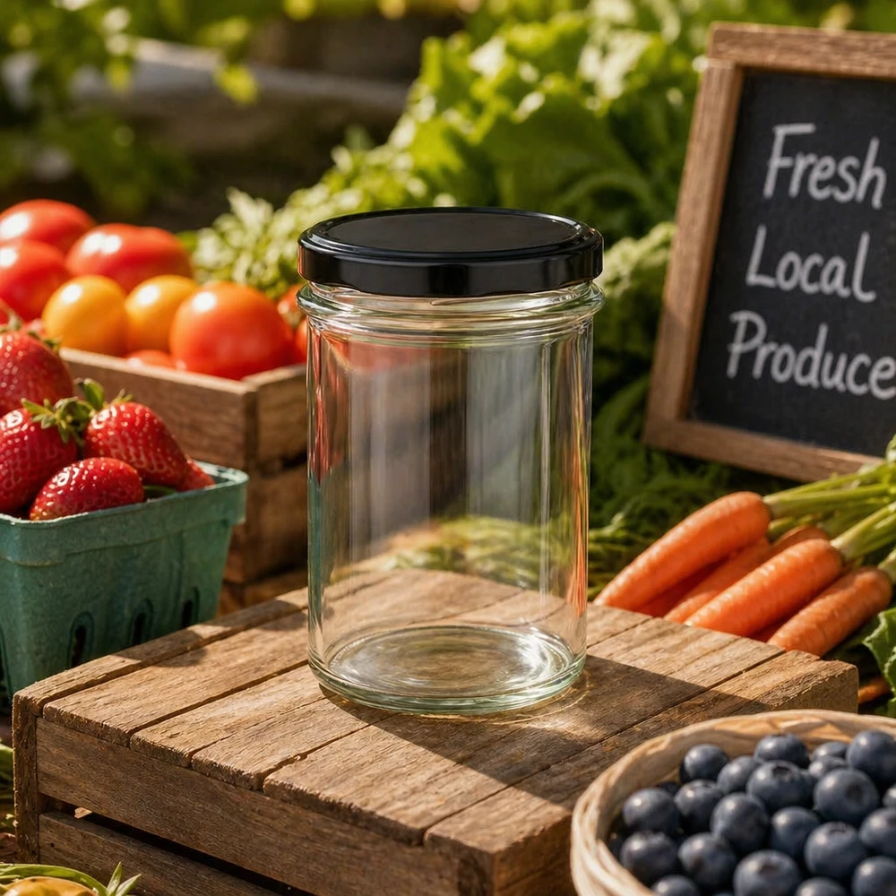 Bicchieri da 230 ml con coperchio BasicSeal nero UNiTWIST. Barattolo mason da 230 ml con coperchio nero BasicSeal tra frutta fresca e verdura su tavolo di legno Scena di mercato contadino