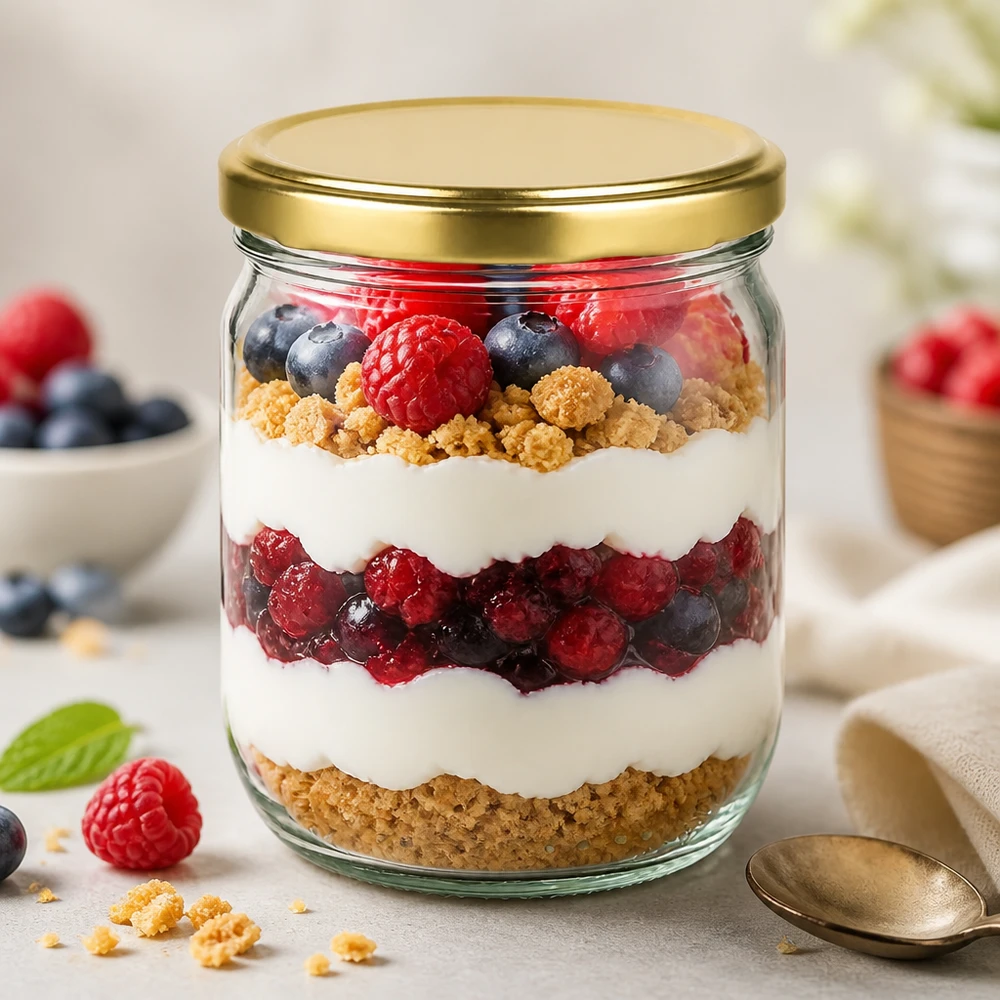 Bicchiere rotondo da 425 ml con coperchio dorato come bicchiere da dessert per trifle ai frutti di bosco con yogurt e briciole di biscotto