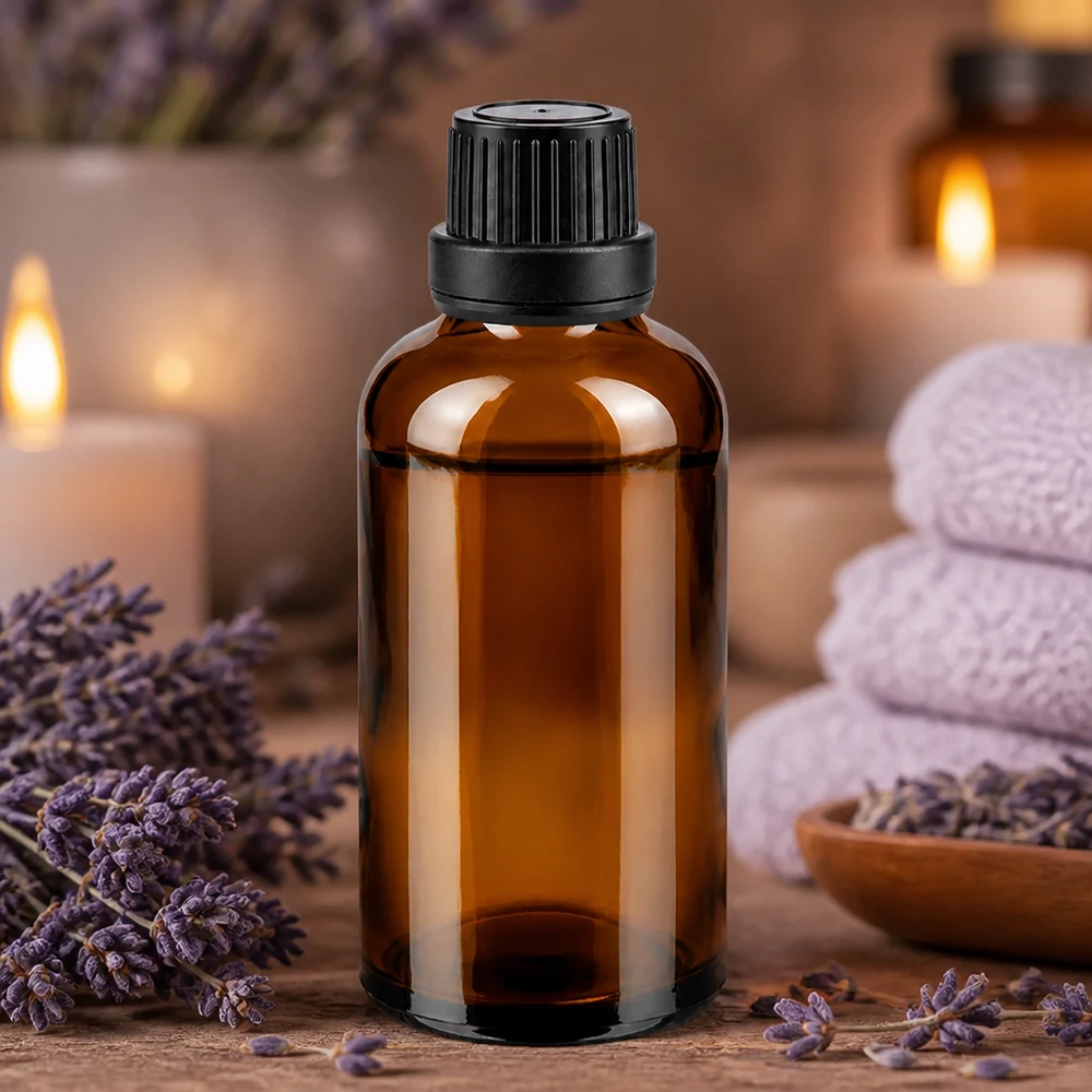 Bottiglia da farmacia marrone da 50ml. SV OV nero/11mm ApoGlas Flacone da farmacia marrone da 50 ml con tappo contagocce nero, circondato da fiori di lavanda e candele