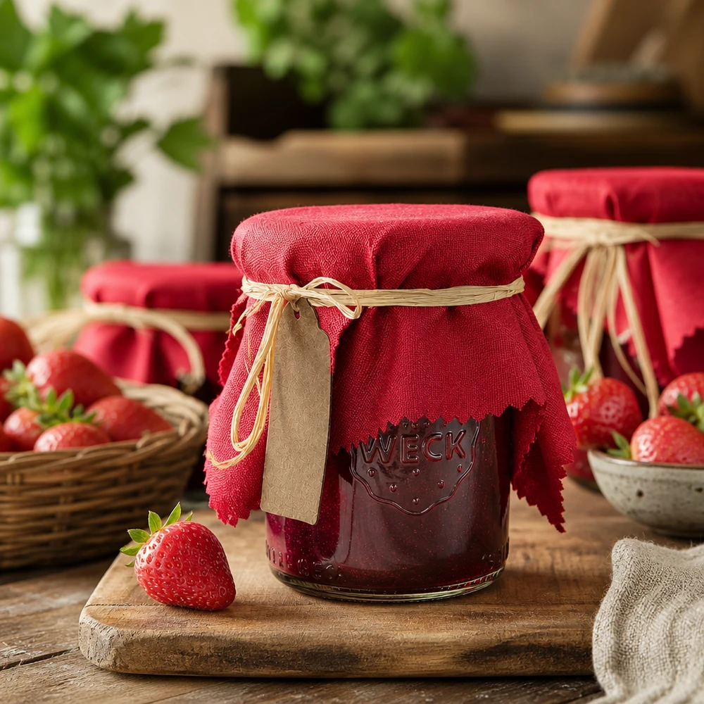 Centrino per gioielli in tessuto rosso bordeaux da 15 cm con rafia e ciondolo in carta kraft su barattolo di marmellata di fragole