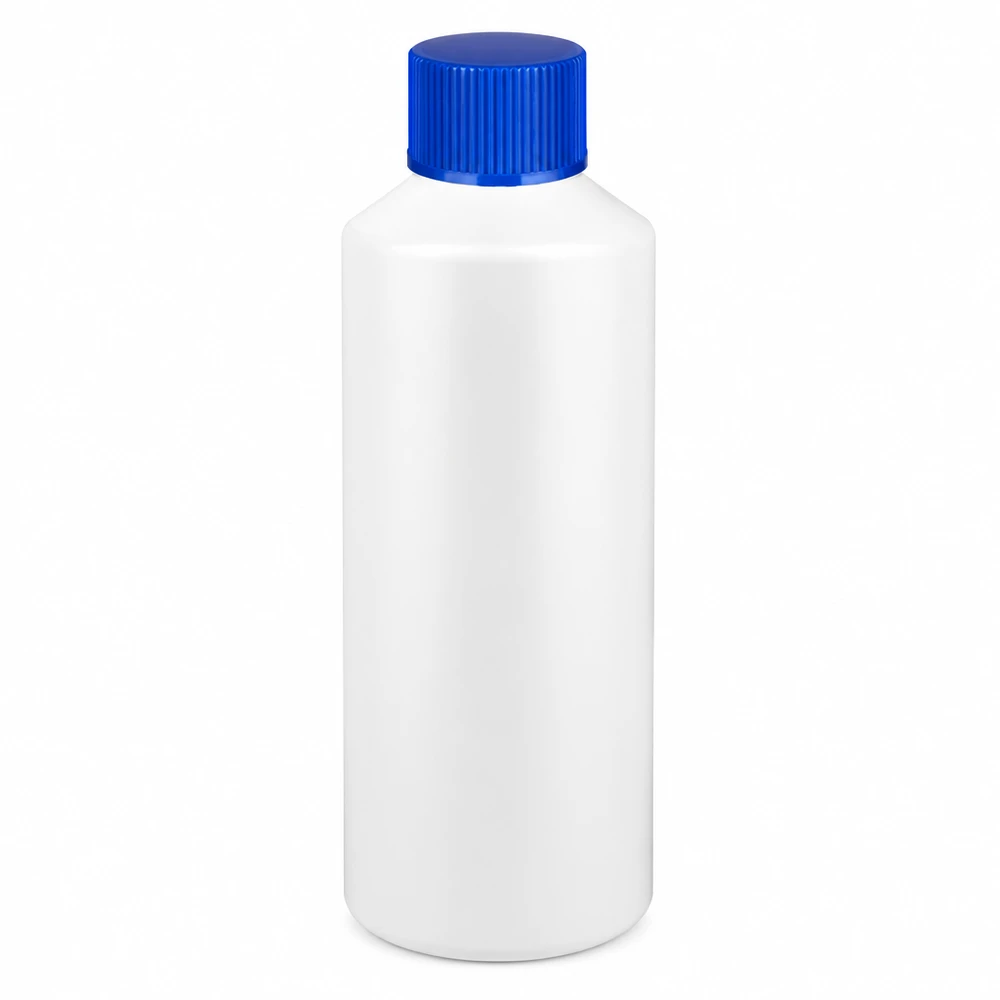 Flacone farmaceutico in HDPE da 100 ml, bianco con etichetta blu, ideale per applicazioni mediche