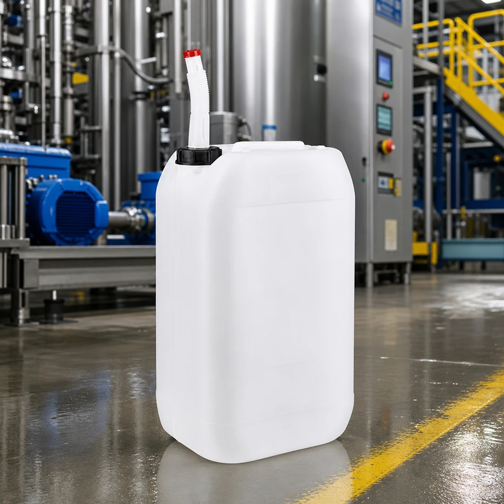 Tanica industriale da 15 litri con tubo di scarico flessibile nel capannone di produzione