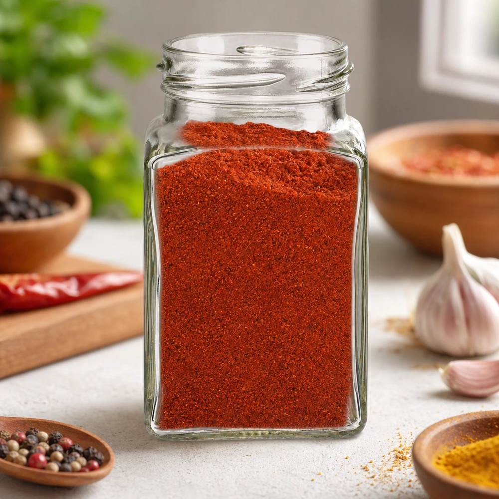 UNiTWIST Tetra260 - Barattolo a 4 angoli da 260 ml TO58 UNiTWIST Tetra260 barattolo a 4 angoli da 260 ml riempito con paprika rossa in polvere in cucina con spezie e aglio