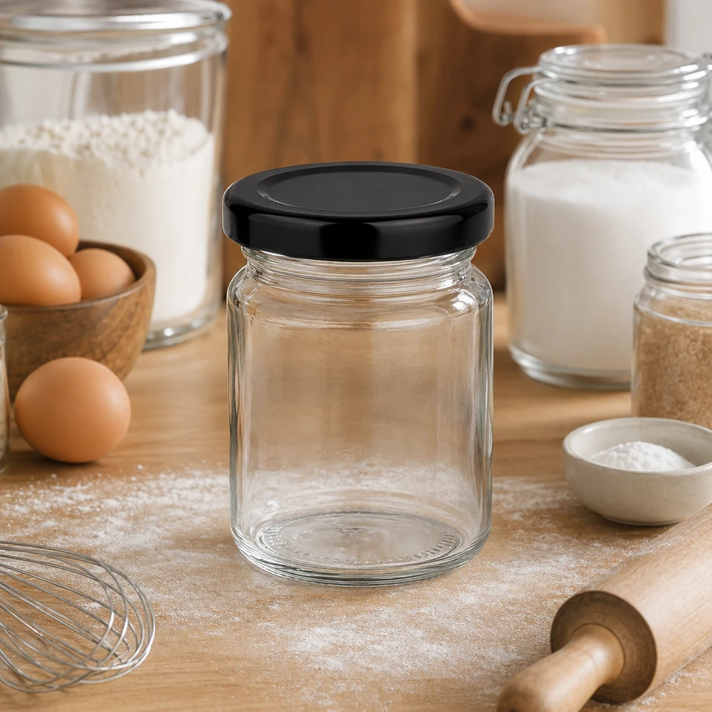 Barattolo rotondo da 53 ml con coperchio BasicSeal nero UNiTWIST. 53ml Rundglas leer mit schwarzem Deckel in Backküche zwischen Mehl Eiern und Backzubehör vielseitige Küchenaufbewahrung