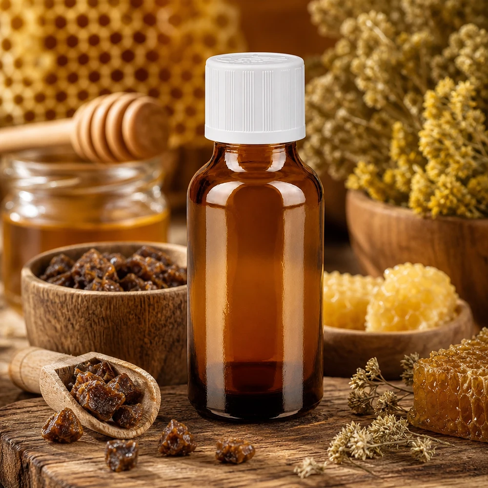 Flacone da farmacia da 20 ml in vetro ambrato con tappo di sicurezza per bambini bianco, circondato da favi di miele e propoli