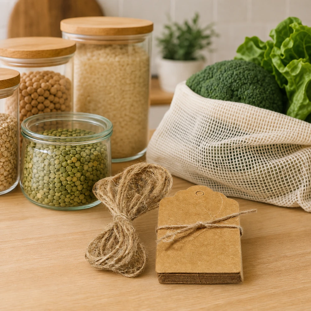 Etichette in carta kraft sostenibile con cordoncino in fibra naturale insieme a prodotti a zero rifiuti e sacchetti in rete per una cucina senza plastica