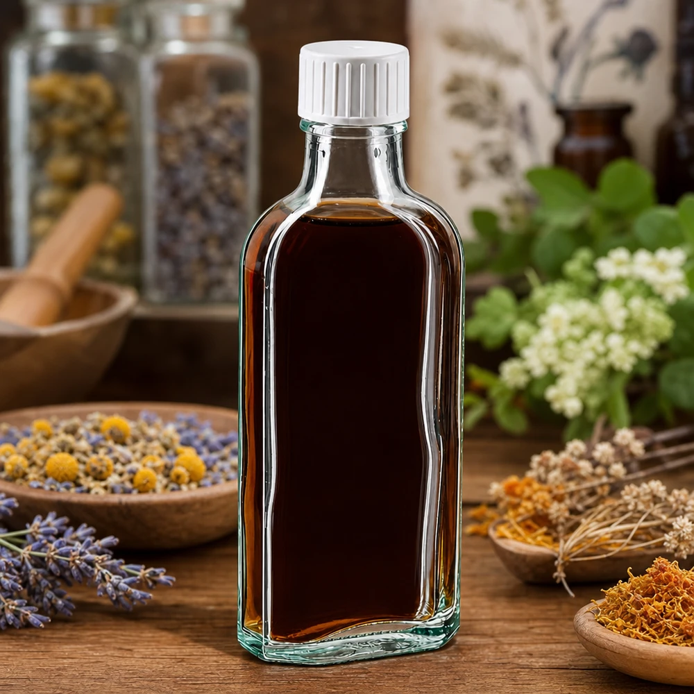 Flacone trasparente Meplat da 100 ml con tappo a vite, contenente un estratto di erbe, su un tavolo di legno