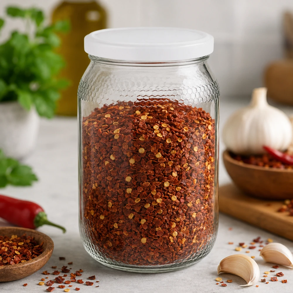 Vasetto per miele da 1260 g con capsula bianca BasicSeal UNiTWIST Il barattolo per miele da 900 ml riempito di fiocchi di peperoncino mostra un uso versatile per spezie e alimenti Coperchio BasicSeal