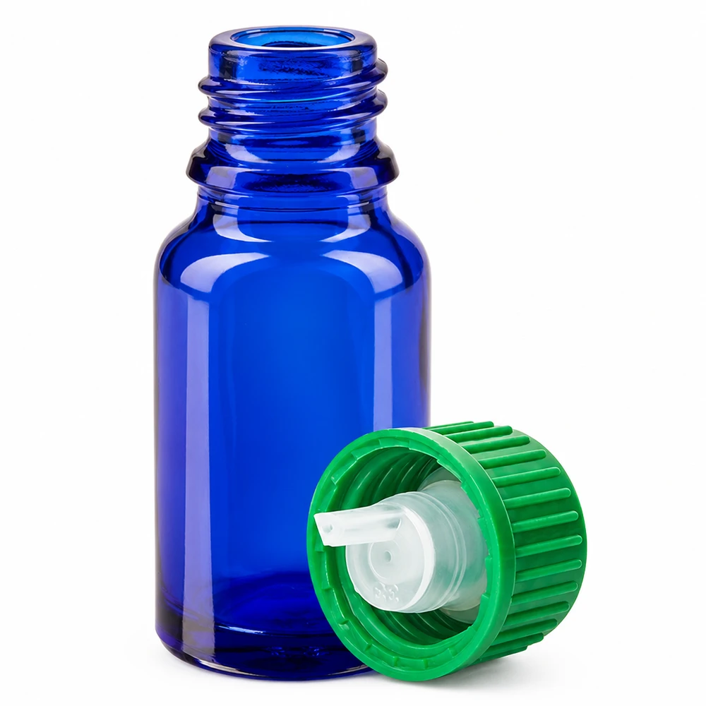Flacone contagocce 10ml 0,8mm verde STD BlueLine UT18/10 Flacone contagocce da 10 ml serie BlueLine con filettatura standardizzata UT18/10 blu-verde