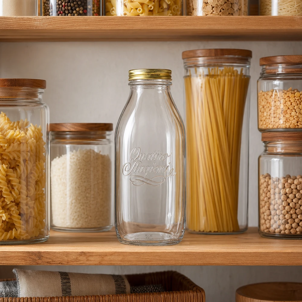 Quattro Stagioni bottiglia in vetro da 1000 ml in una dispensa organizzata con barattoli per la conservazione di pasta e legumi