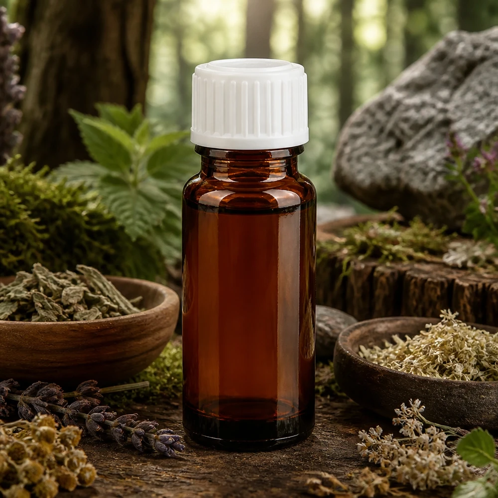 Piccolo flacone contagocce marrone da 10 ml per prodotti STD con tappo bianco, circondato da erbe di bosco e muschio