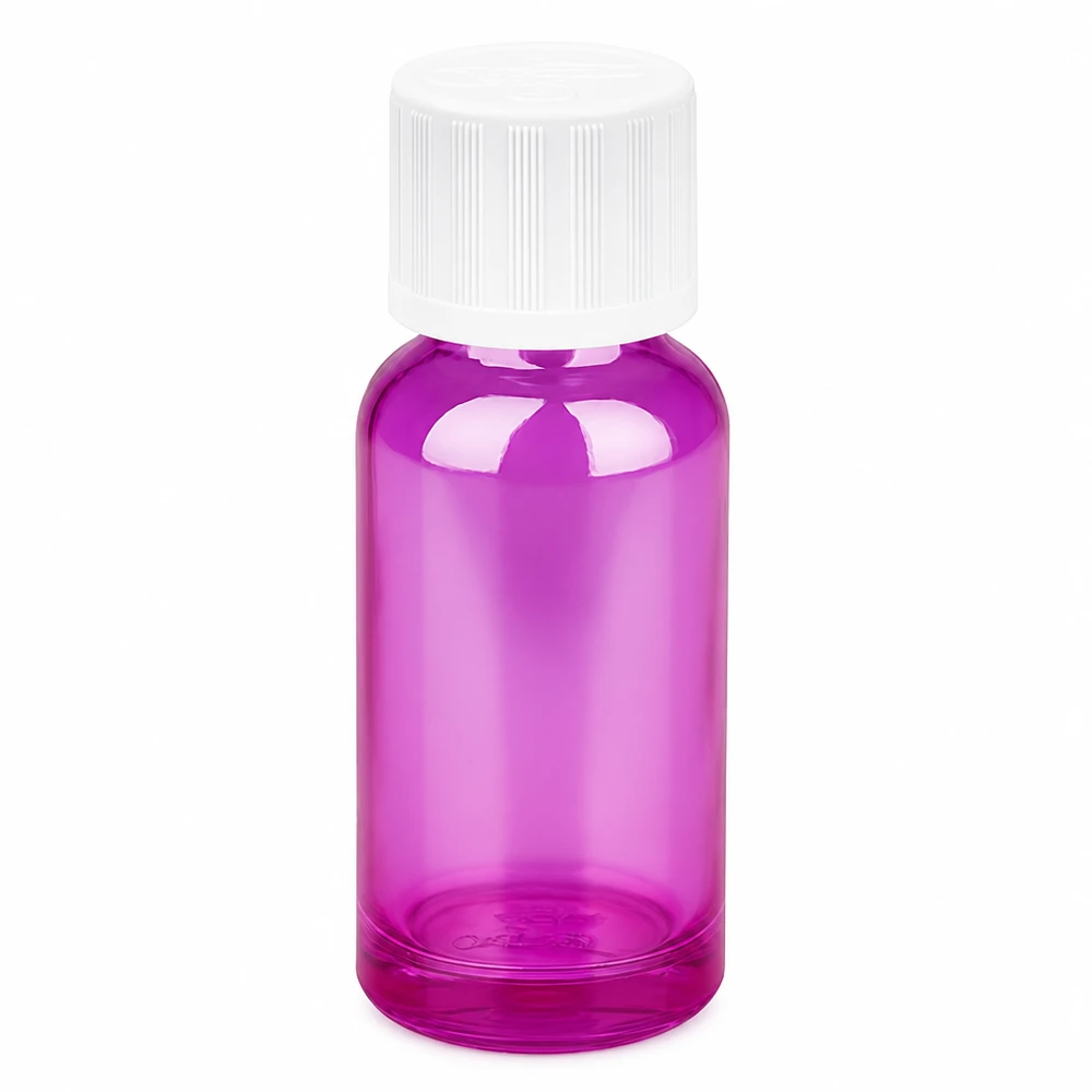 Bottiglia da 20ml tappo a vite 11mm bianco standard a prova di bambino PurpleLine UT18/20 Flacone rotondo in vetro da 20 ml con design ergonomico e tappo di sicurezza in viola