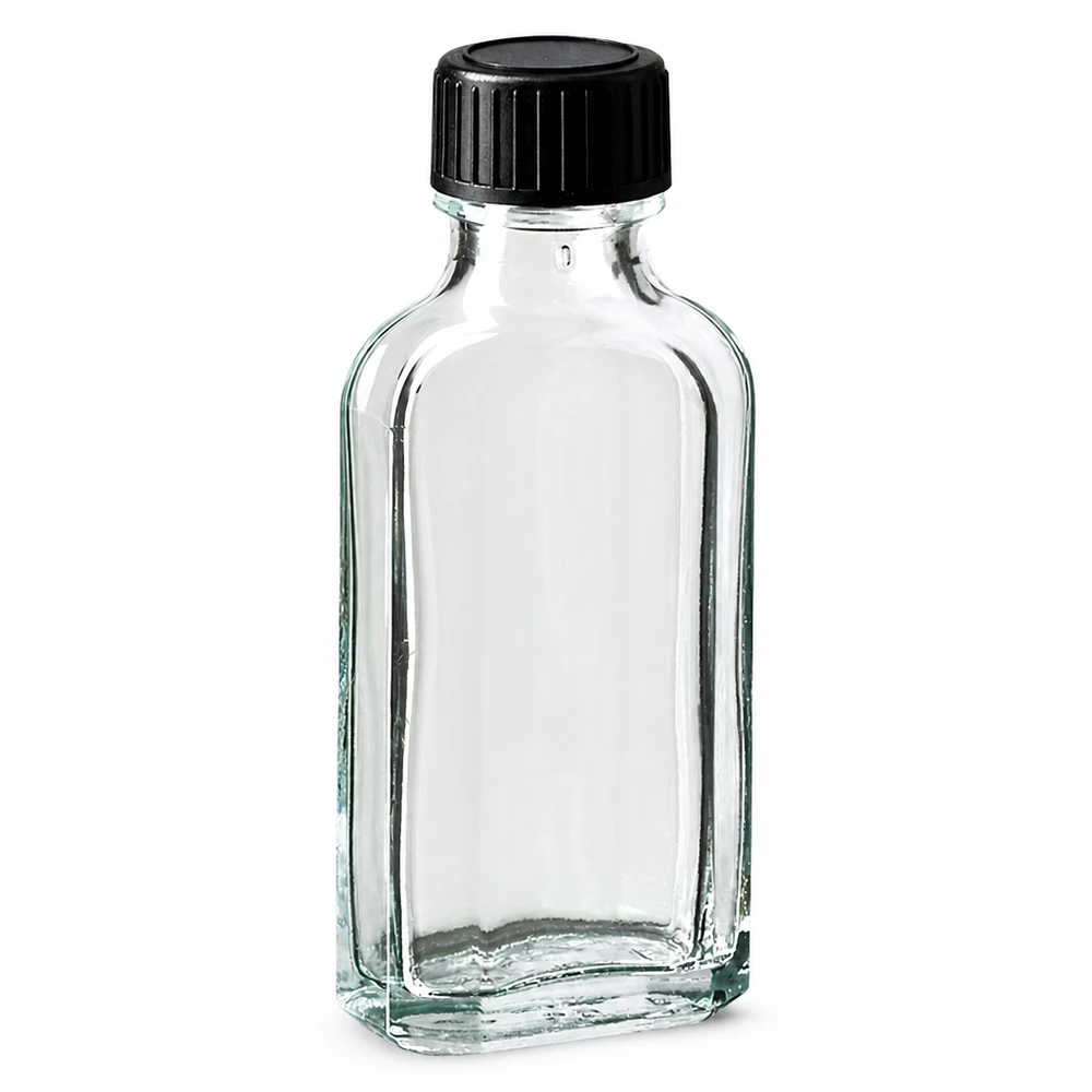 Tappo a vite trasparente Meplat da 50 ml con disco di tenuta in EPE Flacone in vetro trasparente Meplat da 50 ml con tappo a vite nero e rondella di tenuta in EPE