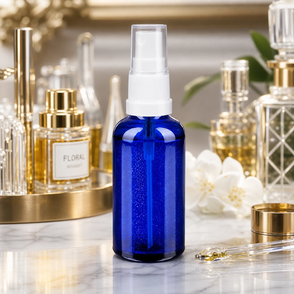 Flacone spray da 50 ml bianco/tr. STD BlueLine UT18/50 Pratico flacone a pompa da 50 ml con nebulizzatore bianco per un dosaggio preciso del prodotto