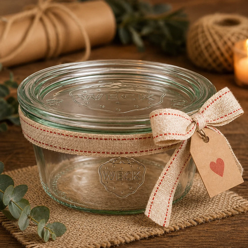 Bicchieri bassi da 290 ml con coperchio in vetro WECK RR100 Bicchieri WECK da 290 ml RR100 come idea regalo con nastro e ciondolo a cuore in un ambiente rustico