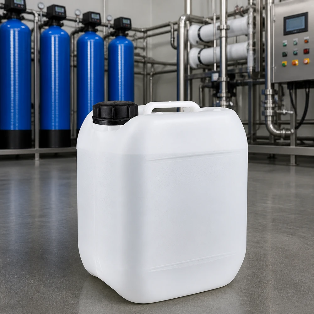 Tanica 5 litri con tappo a vite OV Tanica di plastica bianca da 5 litri con tappo a vite davanti a un impianto industriale di trattamento delle acque