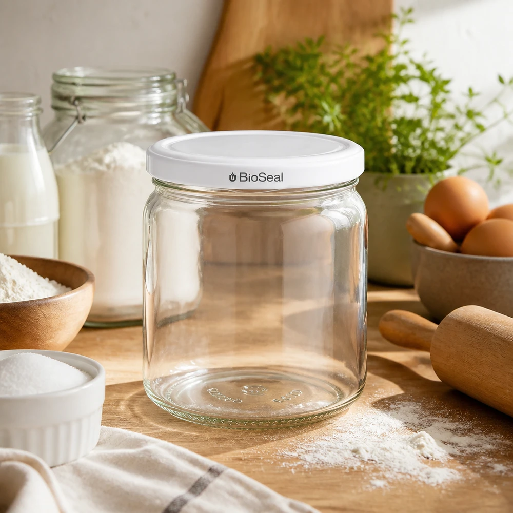 UNiTWIST Runda408 con coperchio bianco TO82 BioSeal UNiTWIST Runda408 leeres Einmachglas in gemütlicher Küche - vielseitiges Vorratsglas mit BioSeal für Backen und Kochen