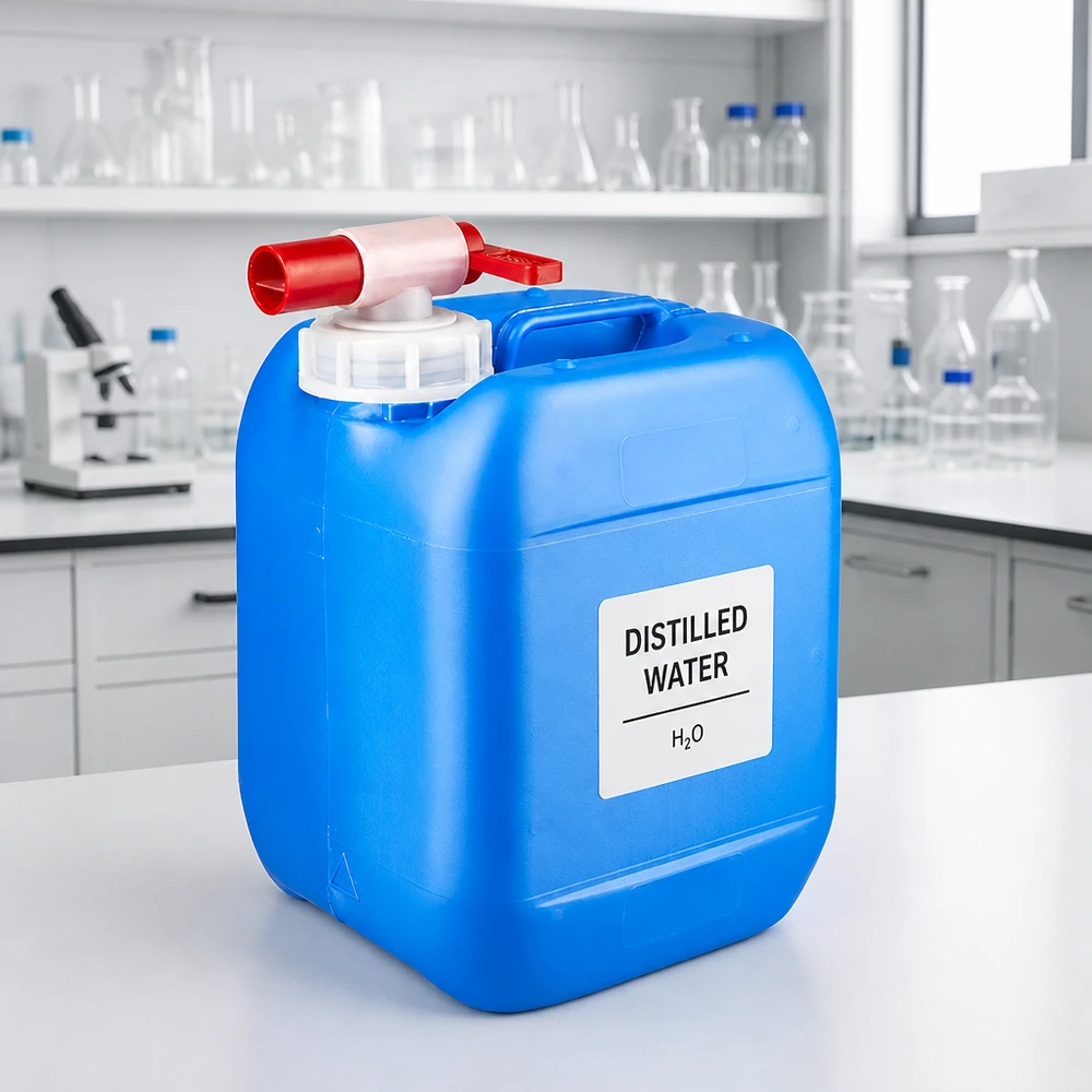 Tanica da laboratorio da 5 litri, blu con rubinetto rosso, per acqua distillata H₂O