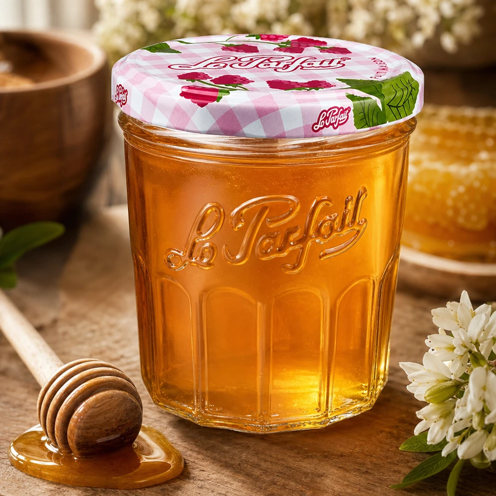 Vasetto Le Parfait da 324 ml pieno di miele accanto a cucchiaio e fiori bianchi su tavolo di legno