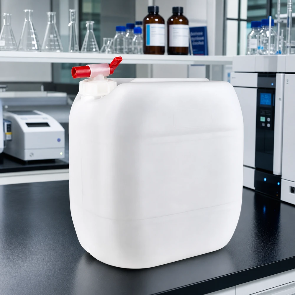 Tanica da 30 litri con rubinetto di scarico Tanica quadrata da 30 litri con rubinetto rosso su un piano di lavoro da laboratorio nero