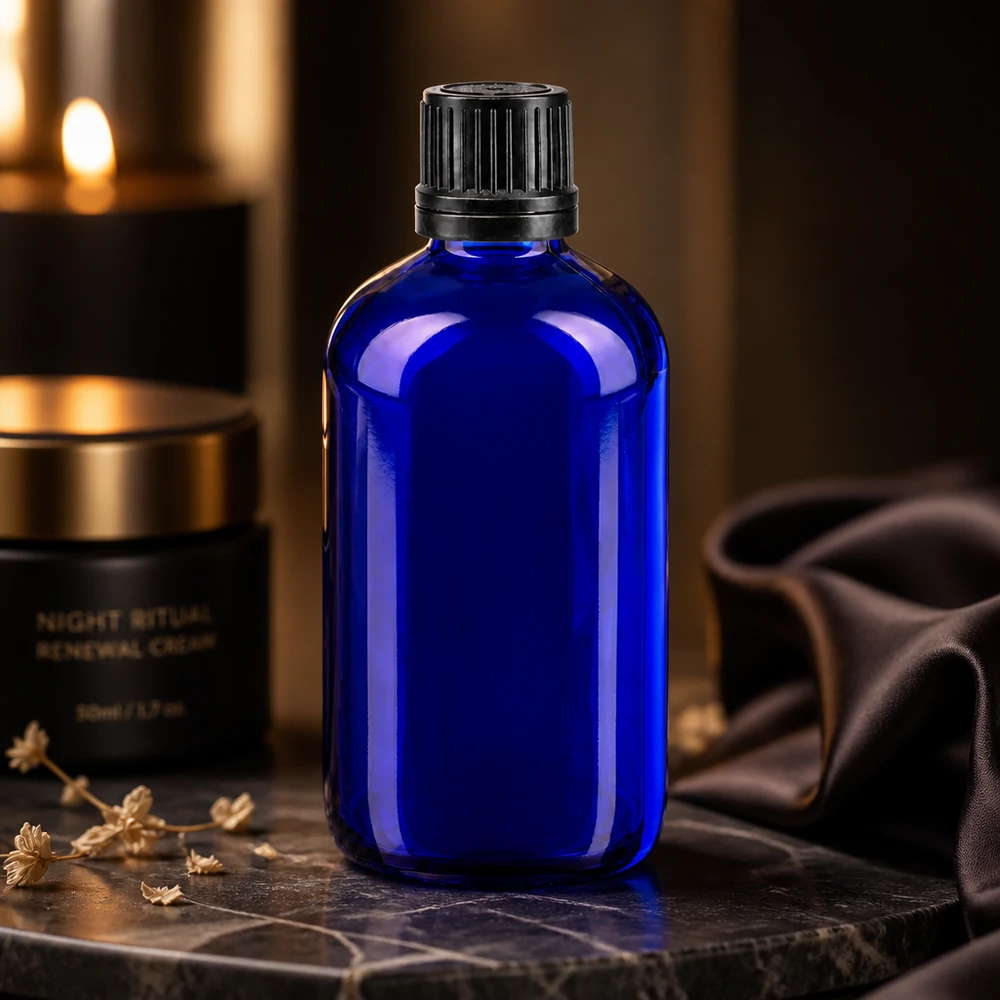 Flacone da farmacia blu in vetro da 100 ml con tappo nero scanalato in un’elegante atmosfera notturna