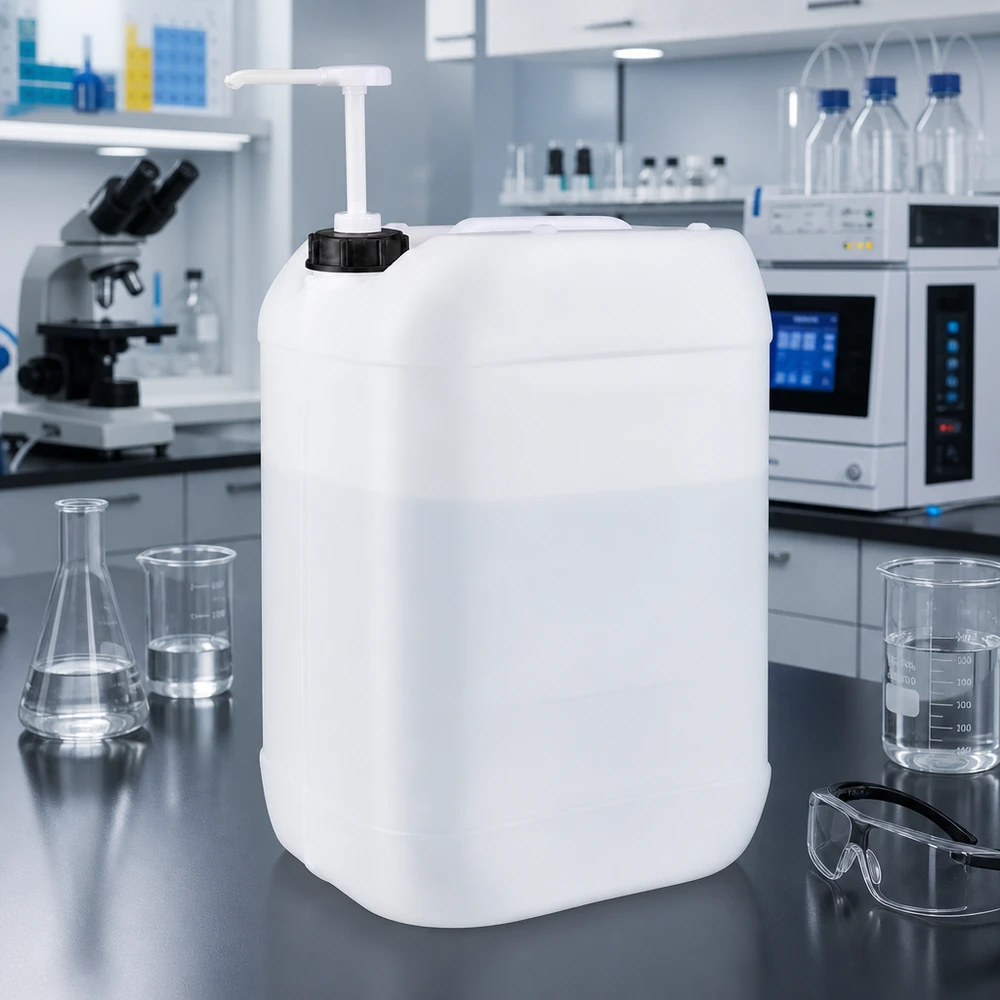 Tanica da 25 litri con pompa dosatrice Tanica rettangolare in HDPE da 25 litri con pompa di prelievo in un moderno ambiente di laboratorio