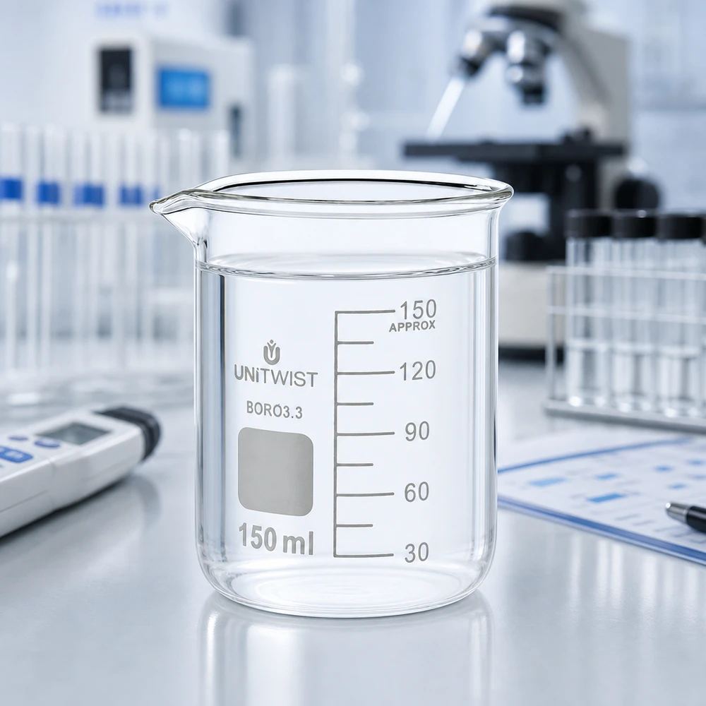 Bicchiere UNiTwist da 150 ml in borosilicato 3.3, forma bassa, con acqua limpida in ambiente di laboratorio