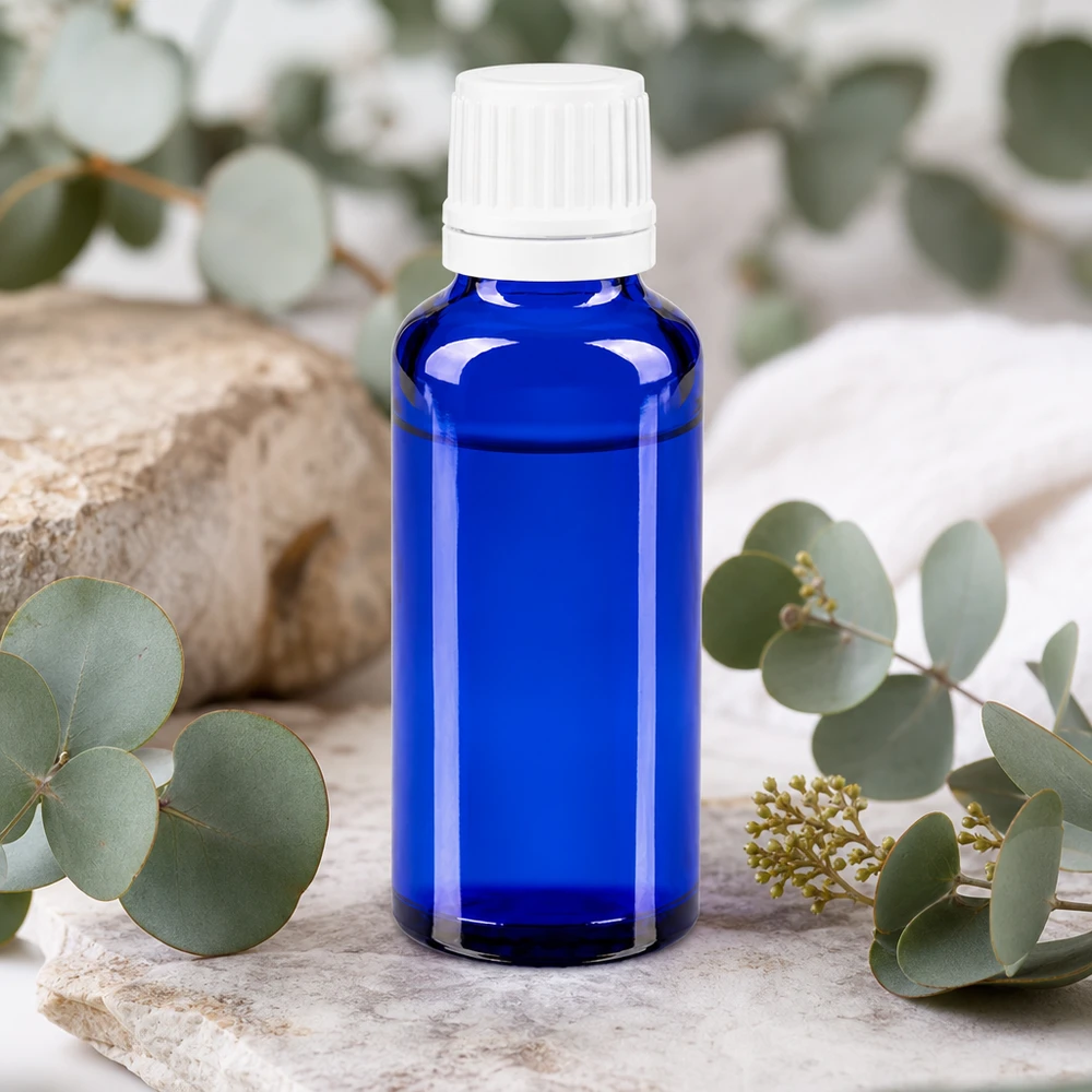 Flacone contagocce blu da 30ml OV bianco/0,7mm ApoGlas Flacone di vetro blu cobalto da 30 ml con contagocce bianco tra rami di eucalipto su pietra naturale