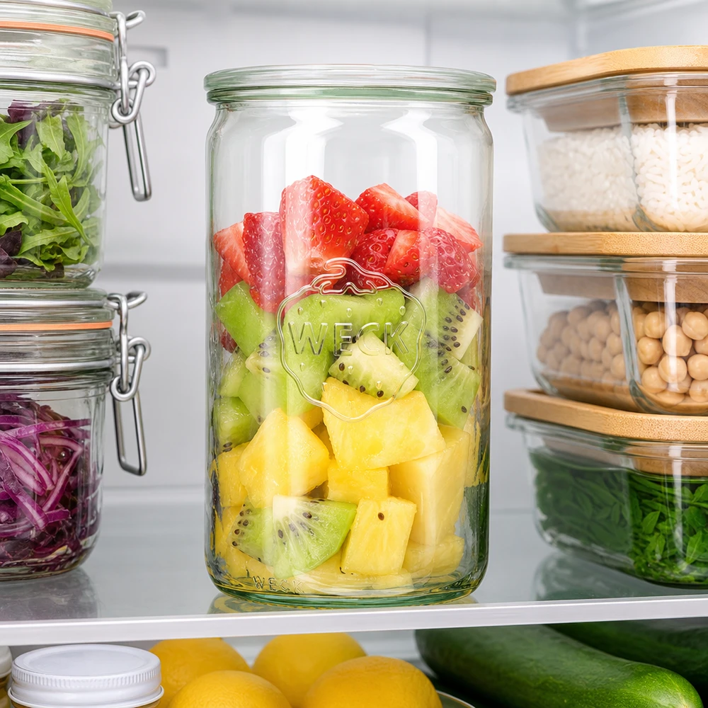 Vaso cilindrico da 1590 ml con coperchio in vetro WECK RR100 Vaso cilindrico WECK 1590ml RR100 in frigorifero con macedonia di frutta fresca fragole kiwi ananas tra altri vasi di conservazione