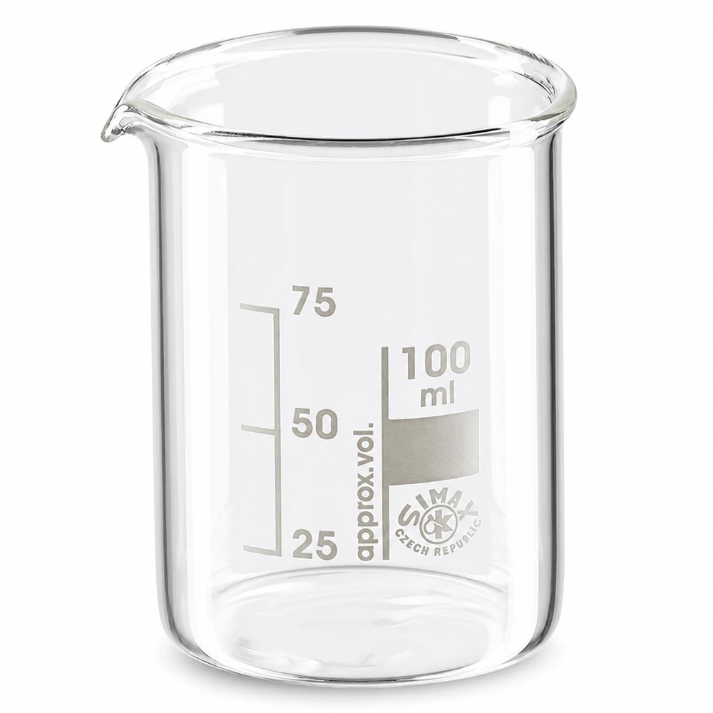 Bicchiere da 100 ml in vetro borosilicato di alta qualità con beccuccio e graduazione in forma bassa
