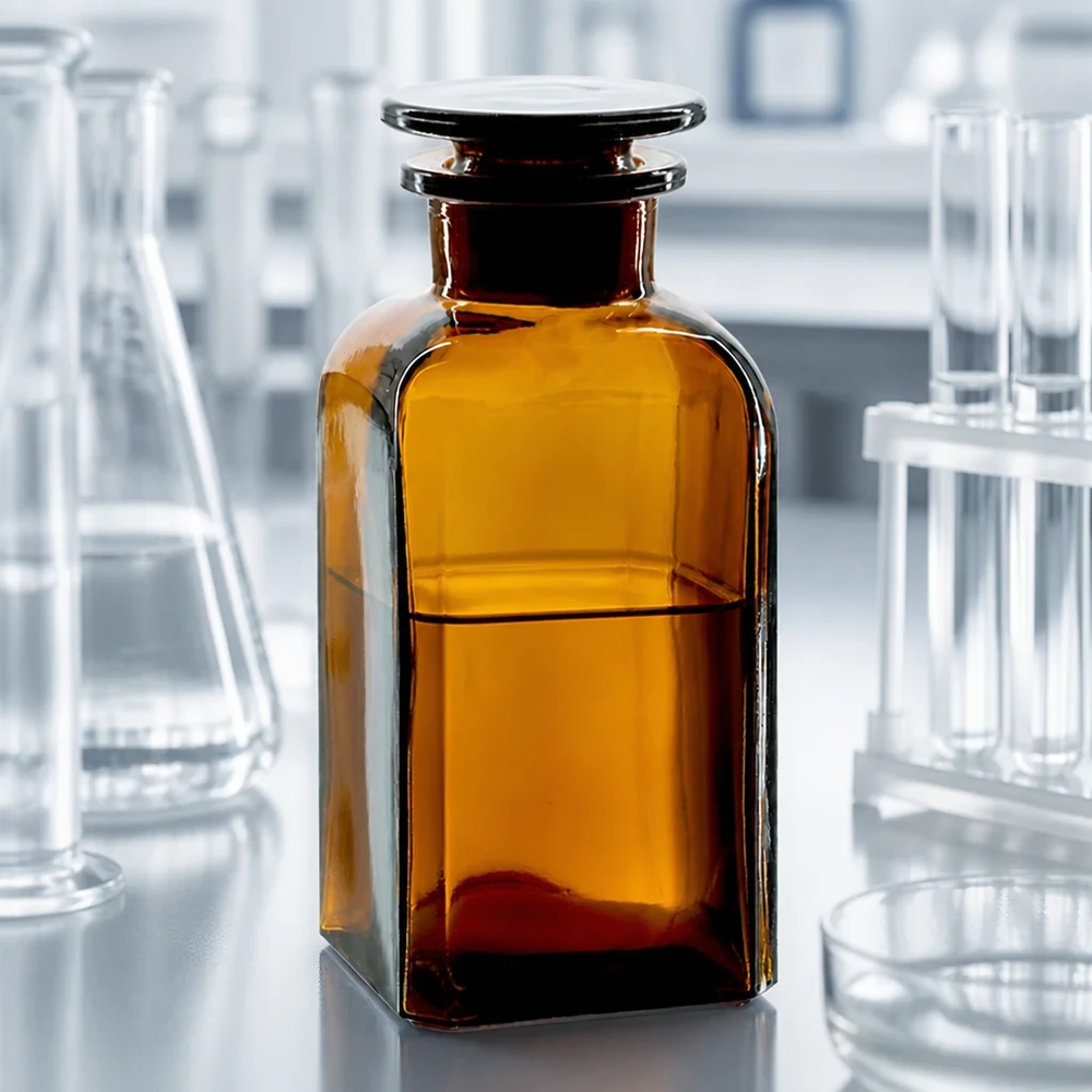 Foto di laboratorio: flacone quadrato marrone da 350 ml a collo largo con tappo di vetro, tra un matraccio di Erlenmeyer e delle provette