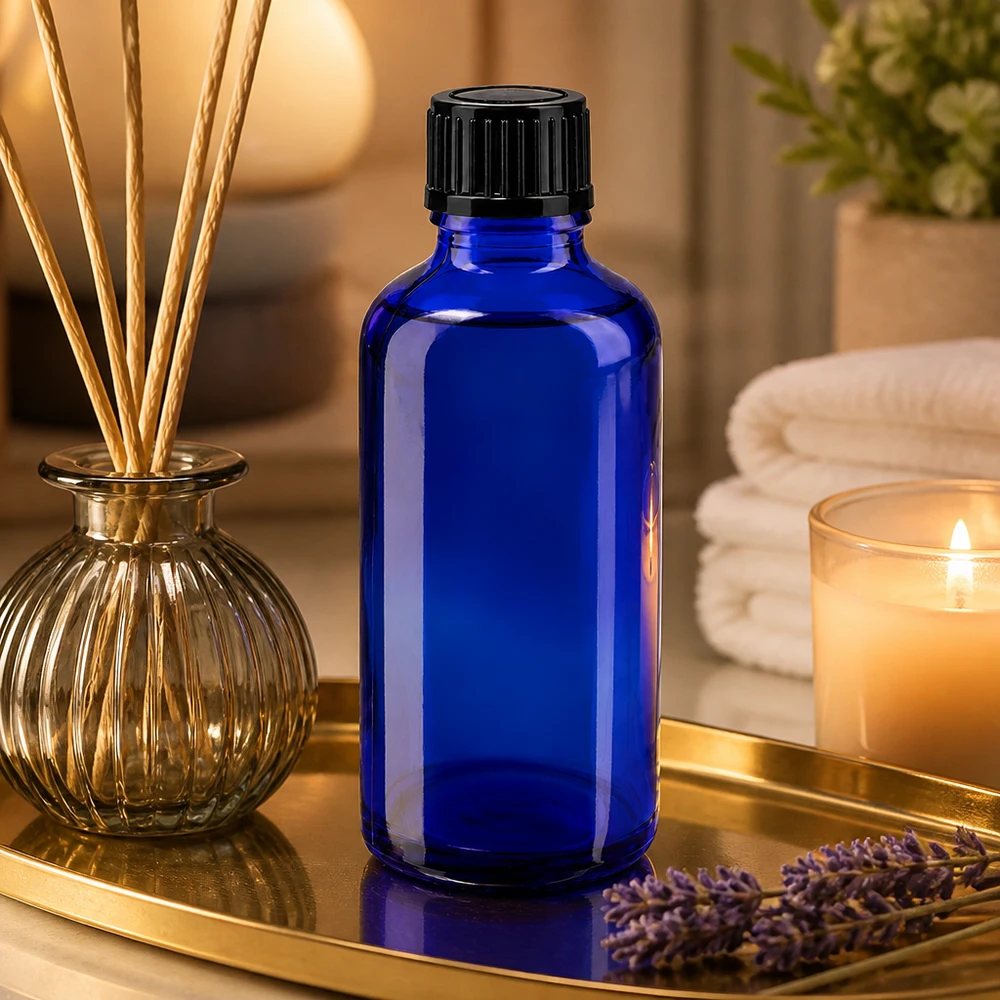 Flacone da farmacia blu cobalto da 50 ml con tappo a vite a prova di bambino su un vassoio dorato