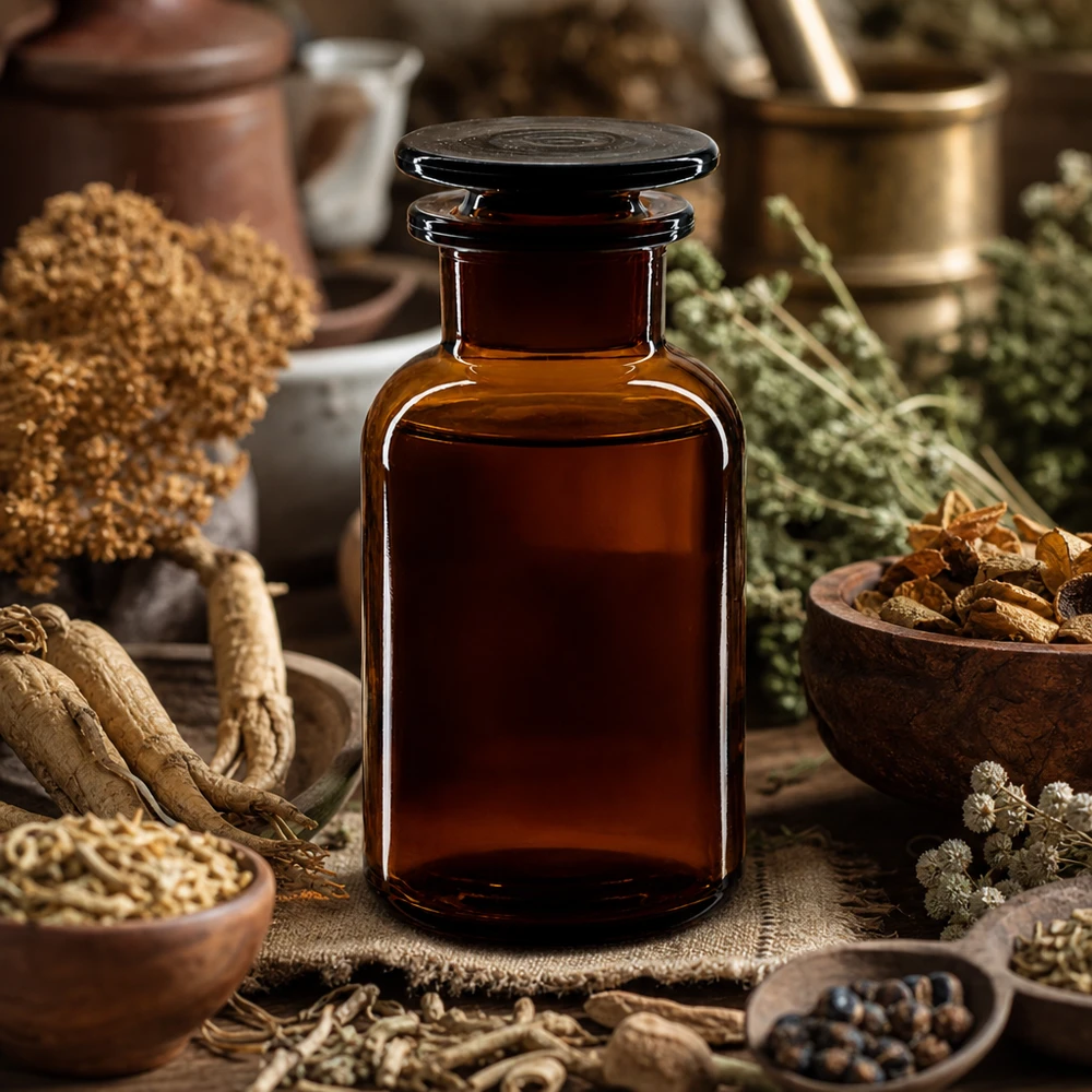 Flacone da farmacia da 250 ml, marrone, a collo largo, con tappo di vetro, circondato da erbe medicinali e radici