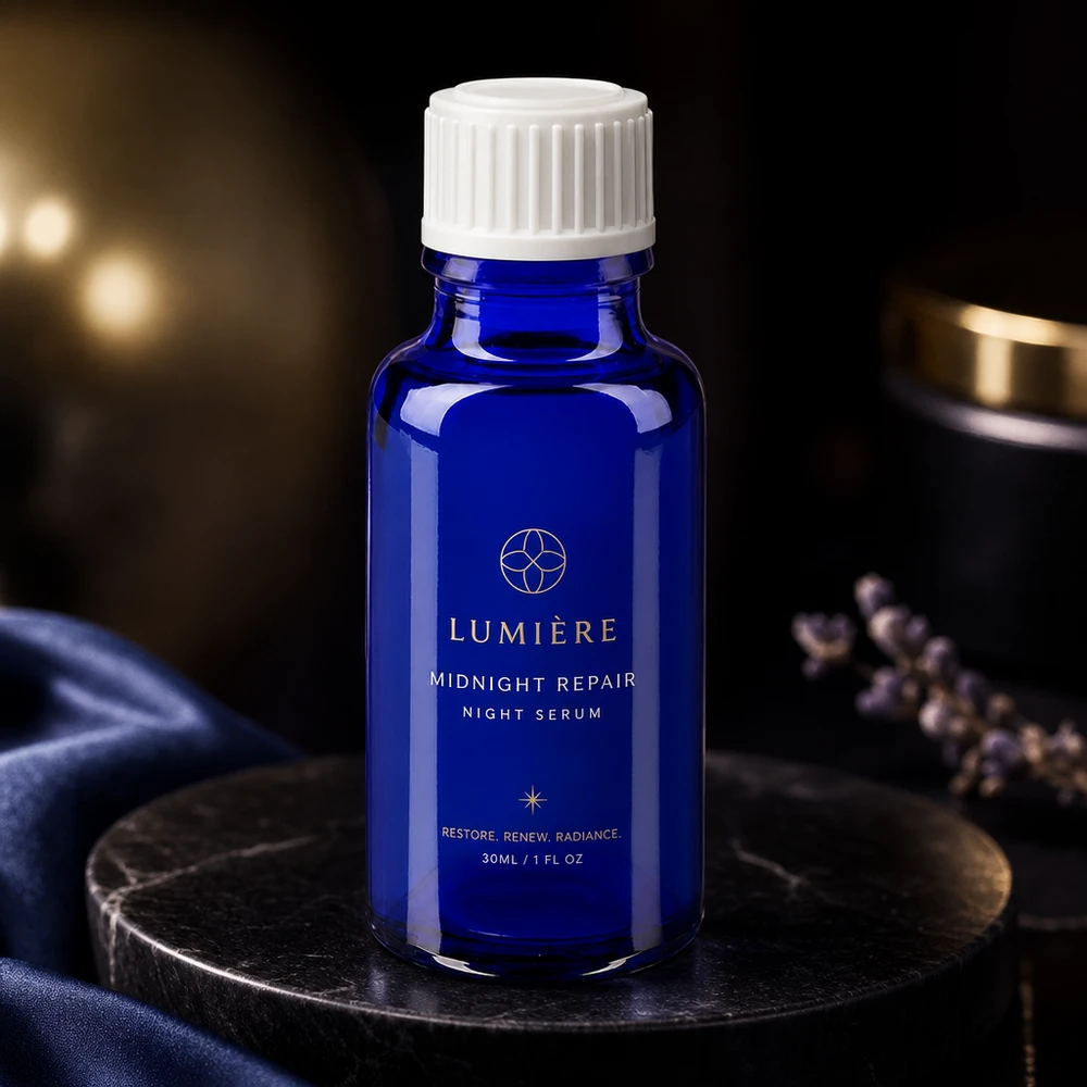 Flacone da farmacia rotondo da 20 ml in vetro blu cobalto con tappo a vite bianco scanalato