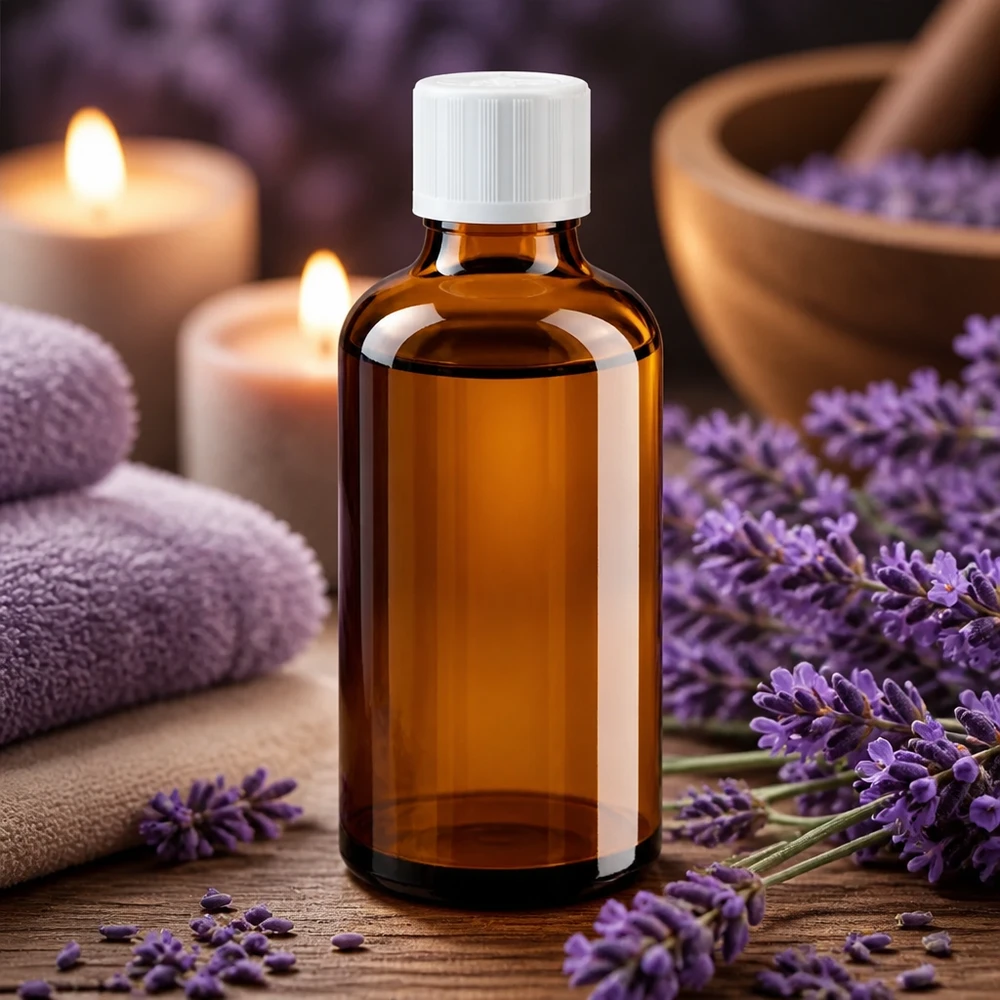 Flacone in vetro ambrato da 50 ml con fiori di lavanda, tappo di sicurezza bianco per bambini e contagocce da 1,2 mm