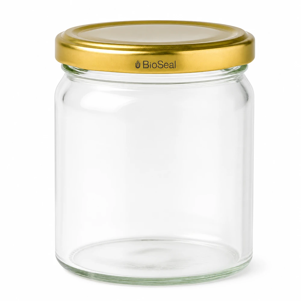 UNiTWIST Runda408 con coperchio dorato. Coperchio TO82 BioSeal UNiTWIST Runda408 barattolo per conserve con coperchio dorato TO82 BioSeal - barattolo di vetro rotondo per conserve e stoccaggio