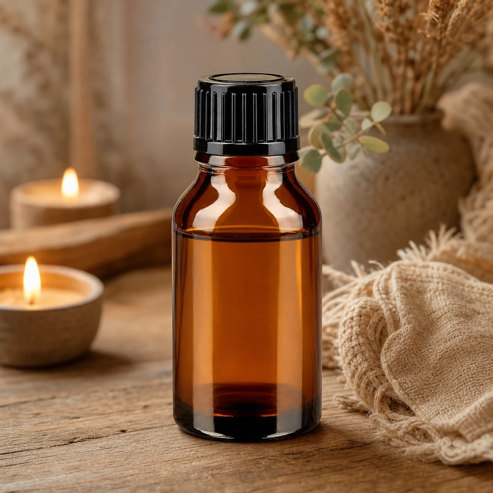 Classico flacone da farmacia in vetro ambrato da 15 ml con tappo a vite nero su un tavolino di legno